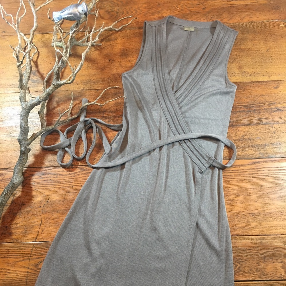 Athleta Gray Pleated Wrap Midi Dress
